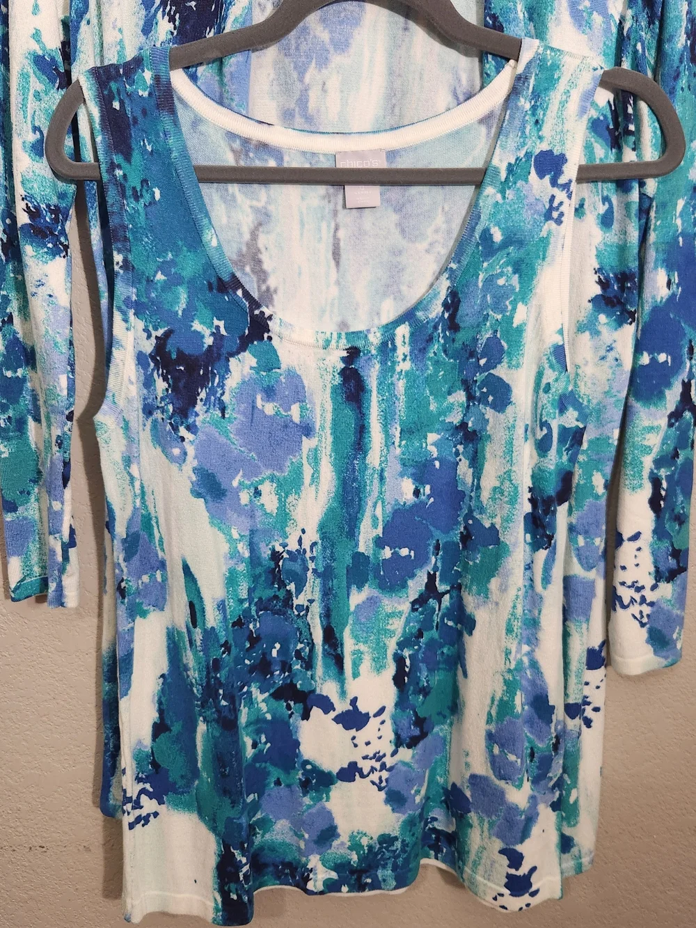 Chico's Blue Teal White Watercolor Print Sweater Cardigan Set